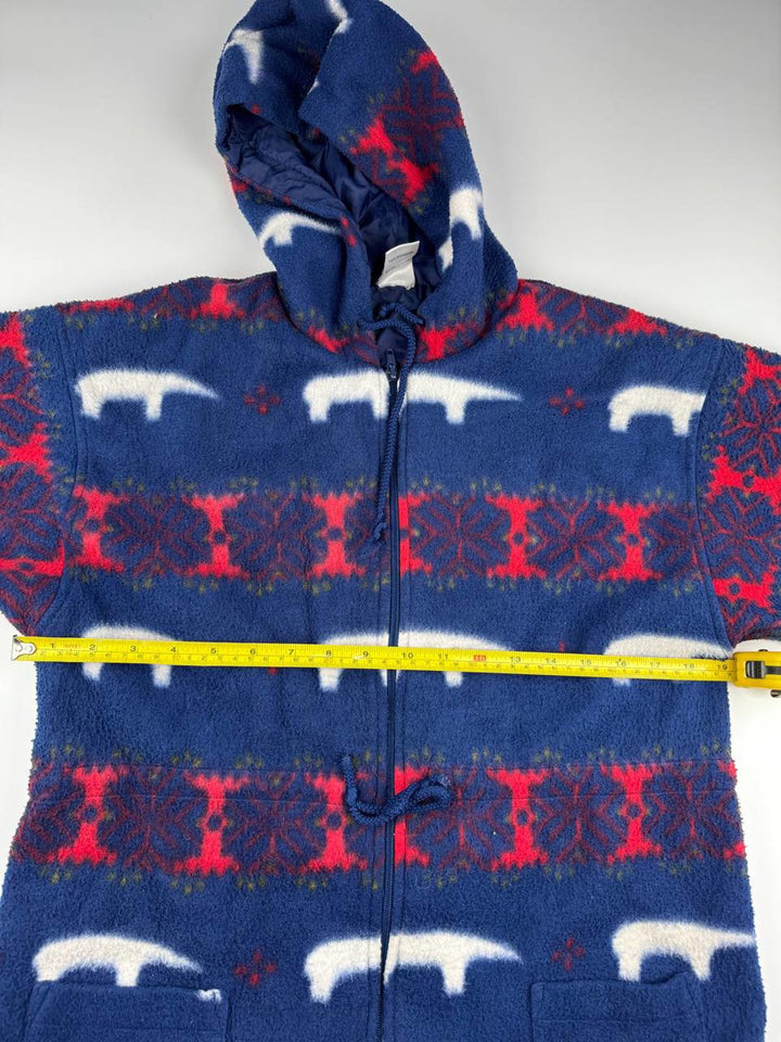 Vintage Blue and Red Patterned Fleece Jacket with Hood