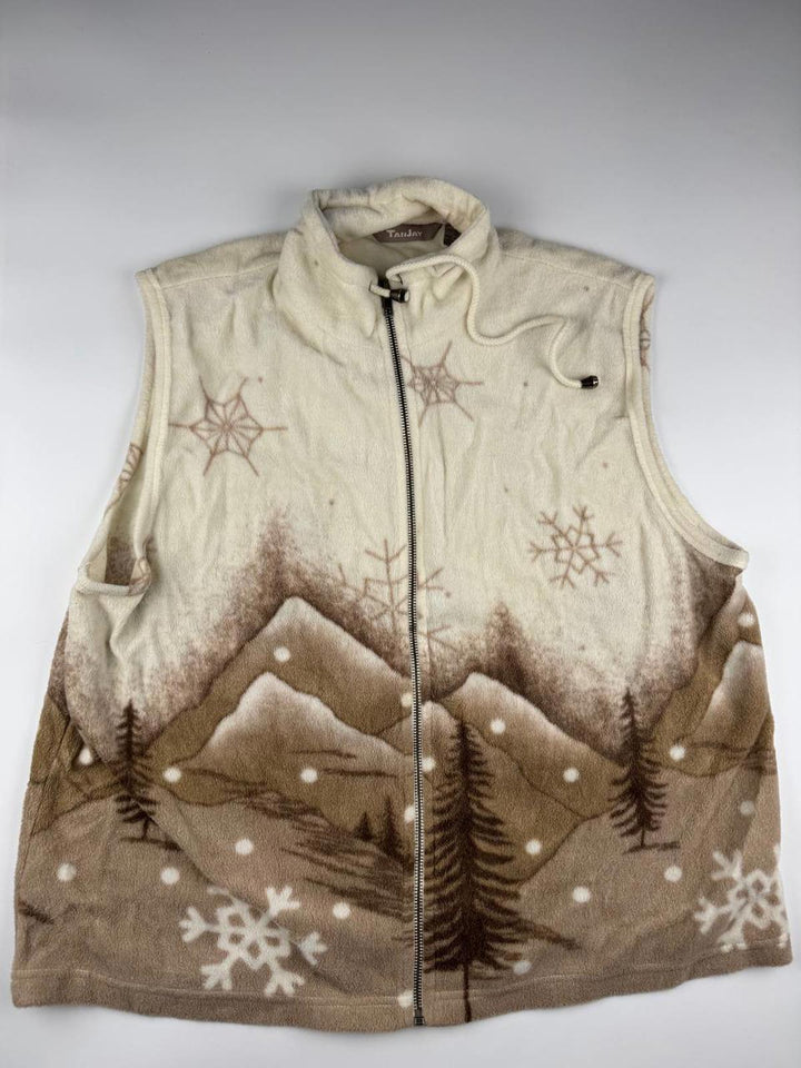 Vintage Sleeveless Fleece Vest with Mountain and Snowflake Design