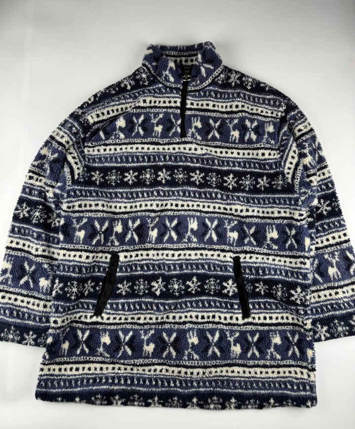 Vintage Navy and White Patterned Fleece Quarter-Zip Pullover Sweater