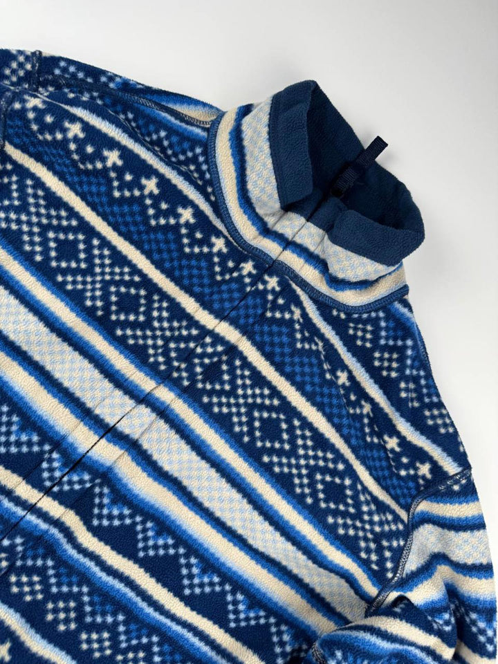 Vintage Blue and White Patterned Zip-Up Sweater Fleece