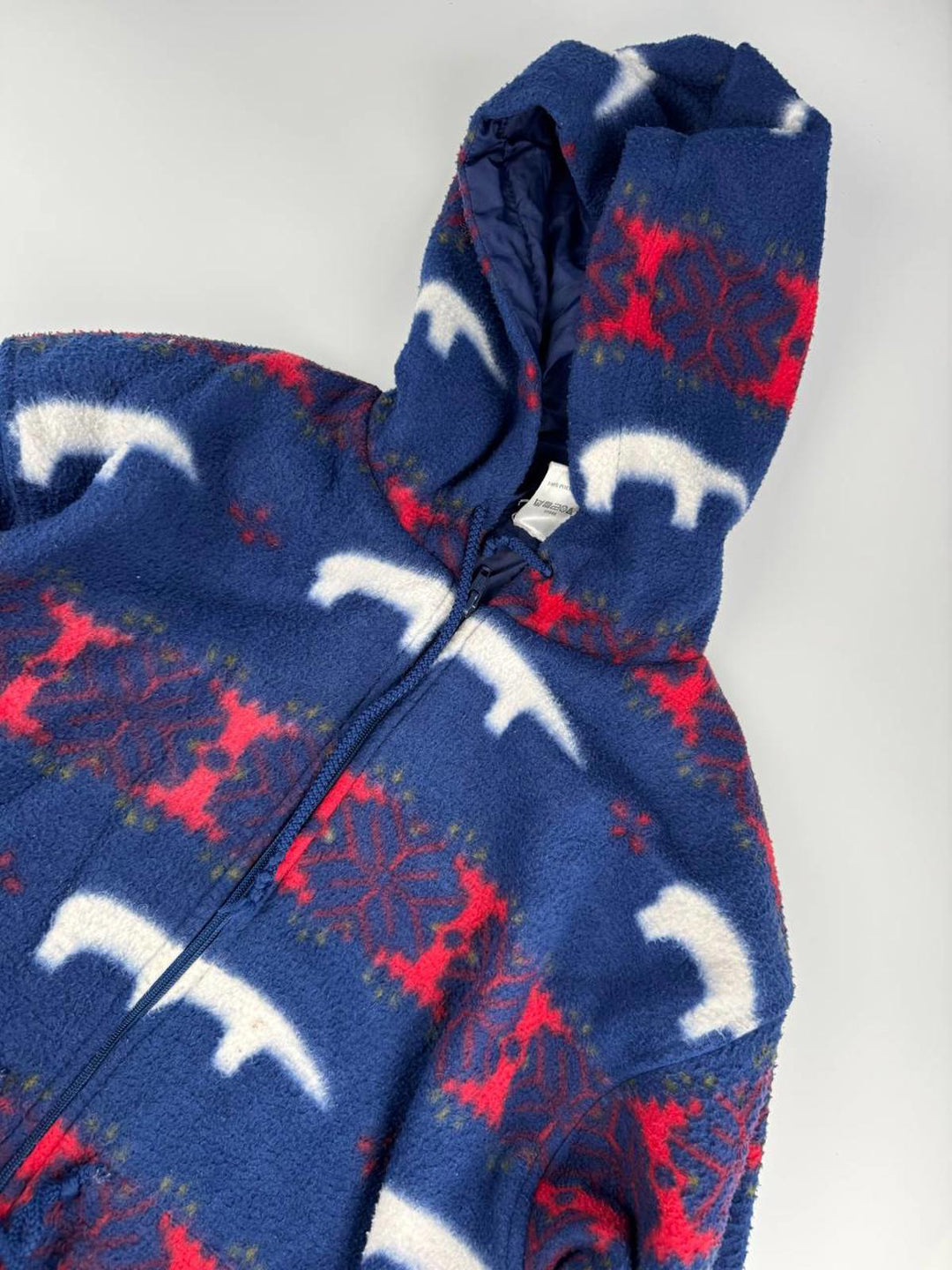 Vintage Blue and Red Patterned Fleece Jacket with Hood