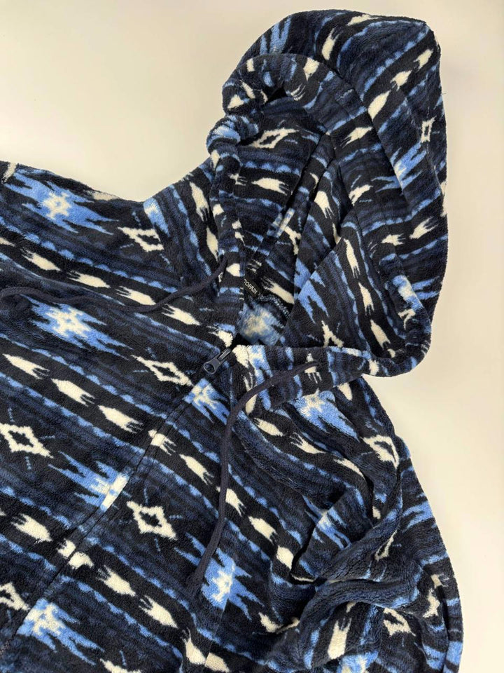 Vintage Blue Patterned Hooded Fleece Pullover Hoodie Size L
