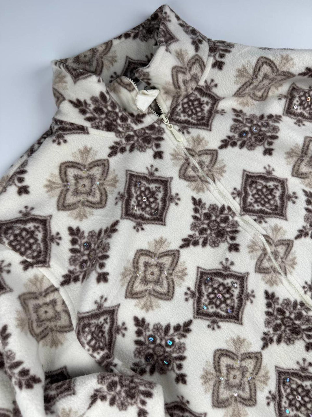 Vintage Women's Fleece Jacket with Brown Pattern and Rhinestone Accents