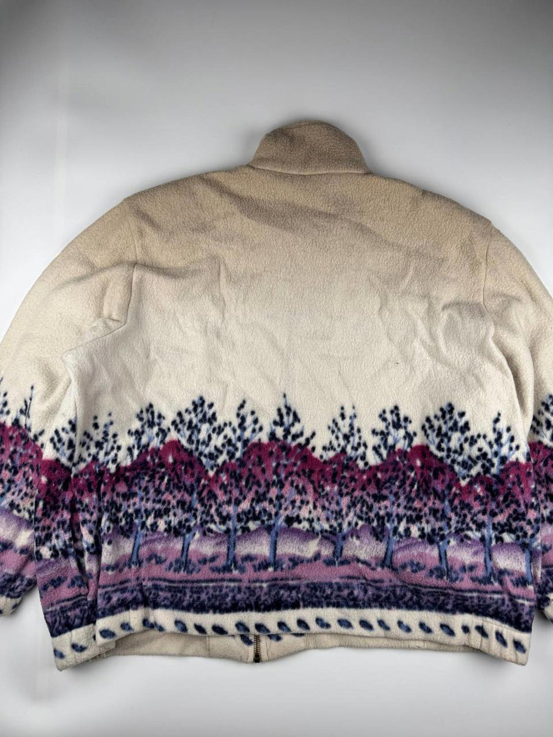 Women's Vintage Beige and Purple Patterned Fleece Jacket with Full Zipper
