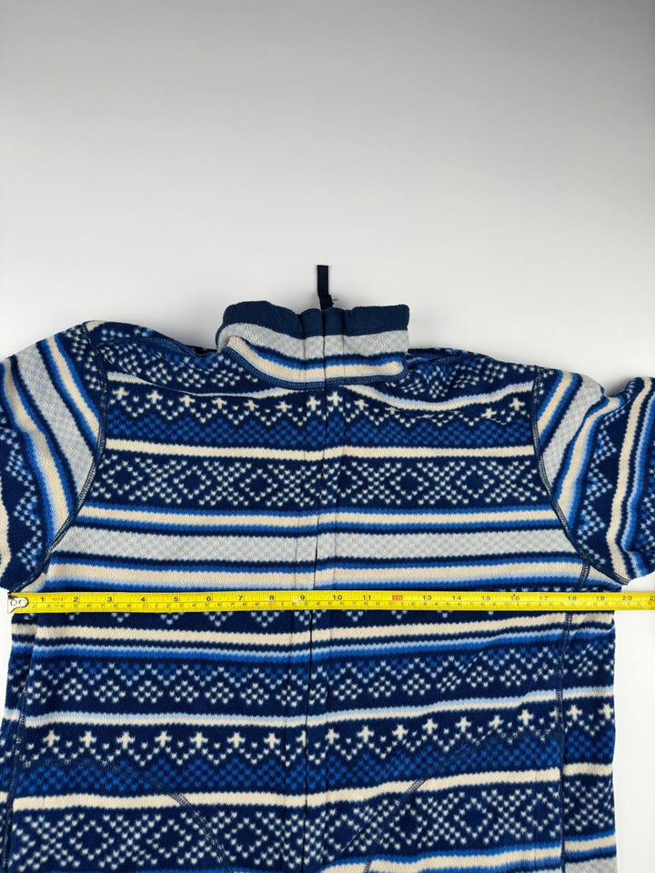 Vintage Blue and White Patterned Zip-Up Sweater Fleece