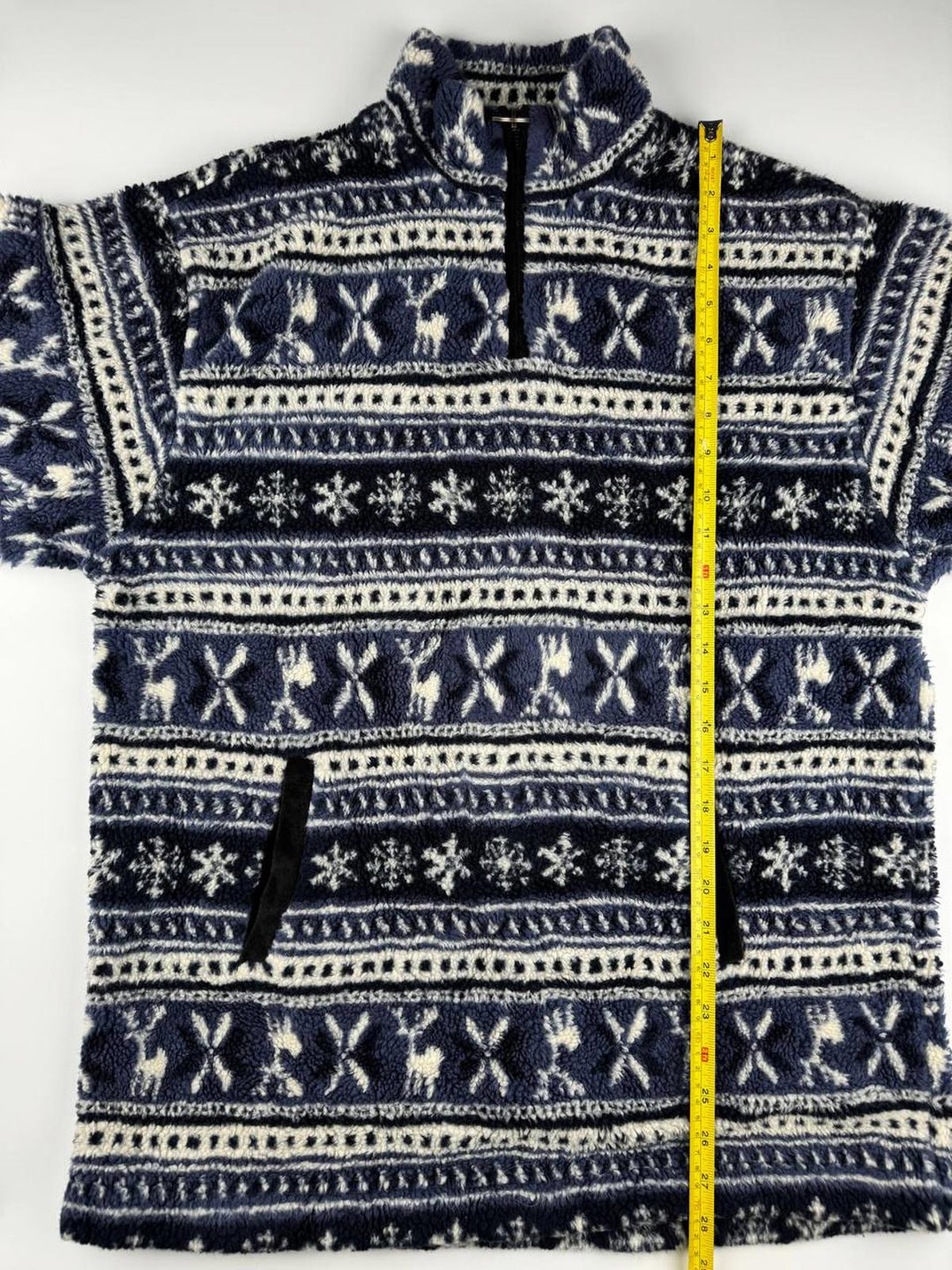 Vintage Navy and White Patterned Fleece Quarter-Zip Pullover Sweater