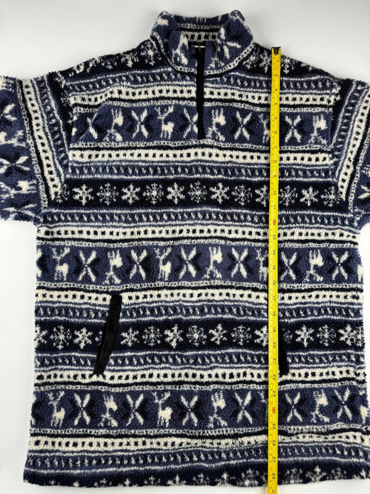 Vintage Navy and White Patterned Fleece Quarter-Zip Pullover Sweater