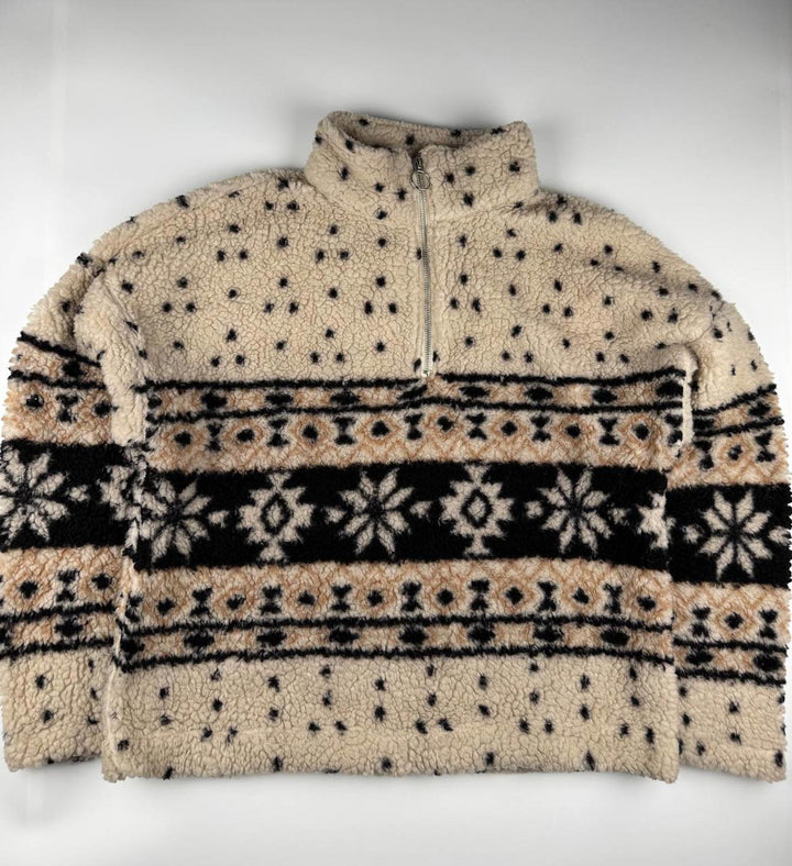 Vintage Fleece Jacket with Zip-Up Collar and Patterned Design