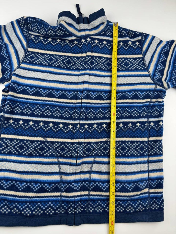 Vintage Blue and White Patterned Zip-Up Sweater Fleece
