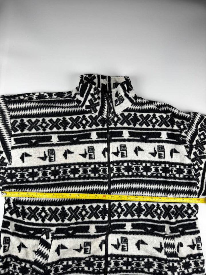 Vintage Men's Black and White Patterned Fleece Jacket