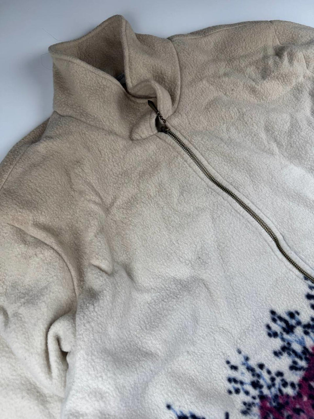 Women's Vintage Beige and Purple Patterned Fleece Jacket with Full Zipper