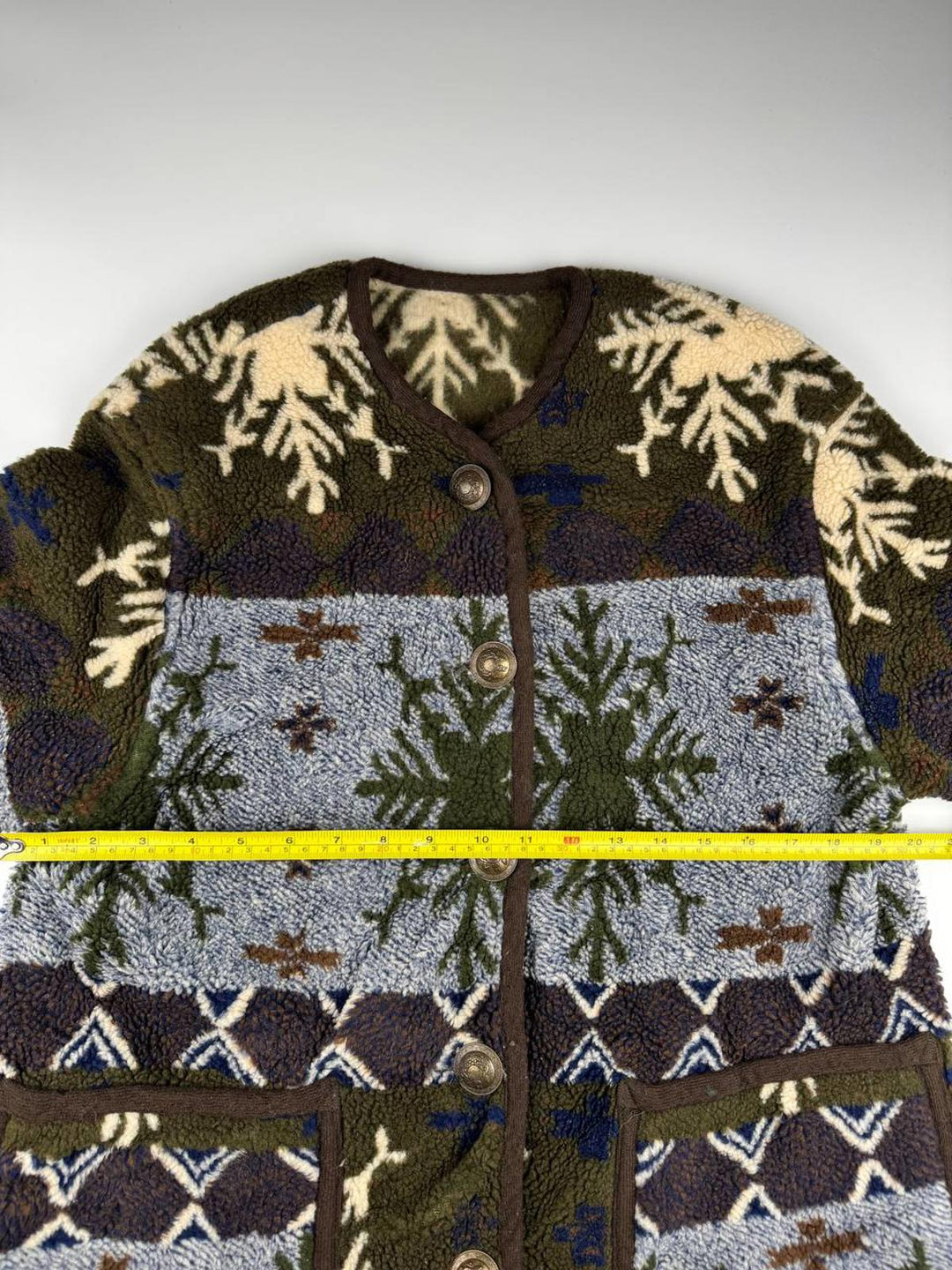 Vintage Button-Up Fleece Cardigan with Snowflake Pattern UK 14