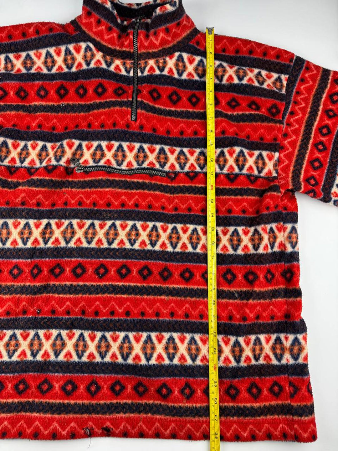 Vintage Red Patterned Fleece Jacket with Half-Zip and Front Pocket