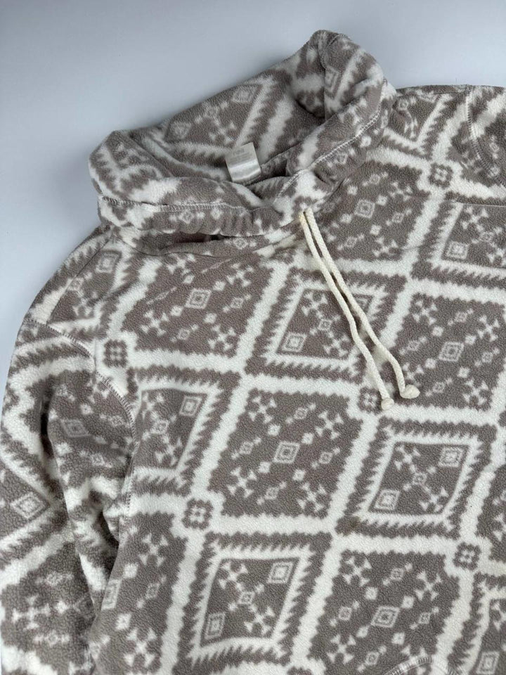 Vintage Patterned Fleece Hoodie Size L