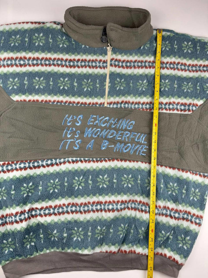 Vintage B Movie Fleece Jacket with Pattern and Embroidered Text