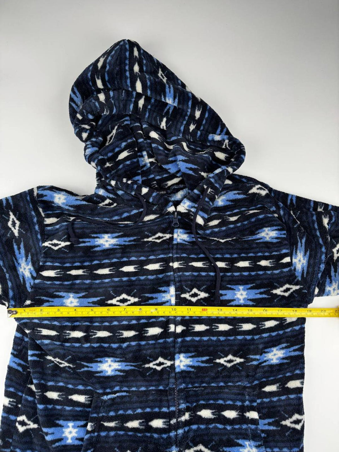 Vintage Blue Patterned Hooded Fleece Pullover Hoodie Size L
