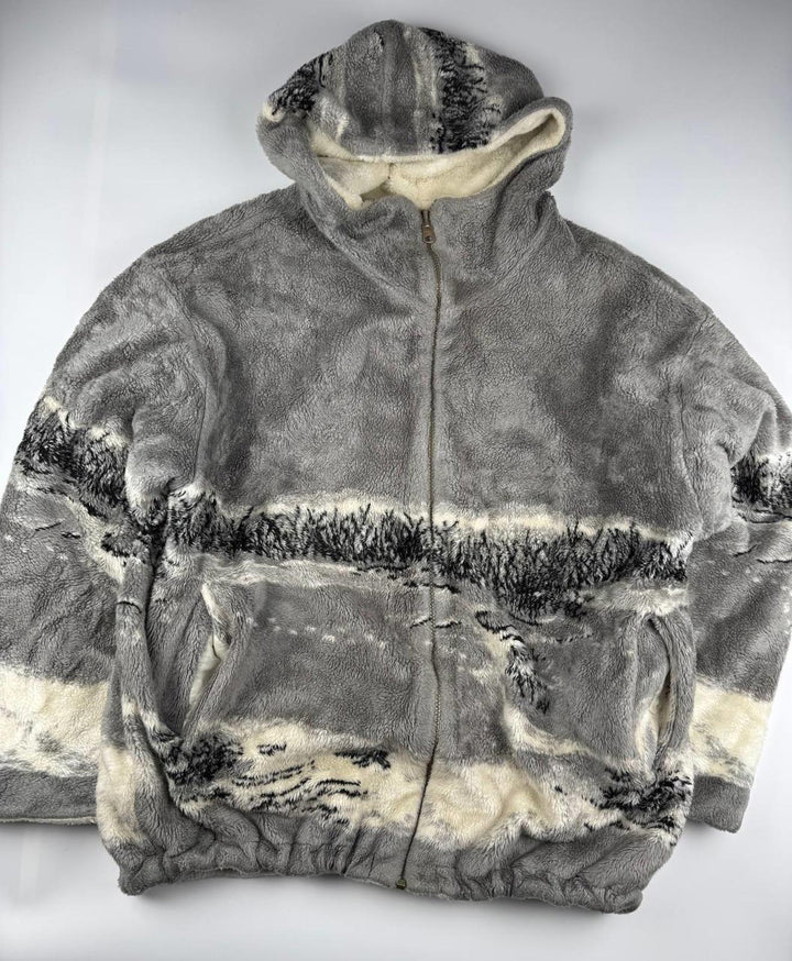 Vintage Gray and White Patterned Fleece Hooded Jacket