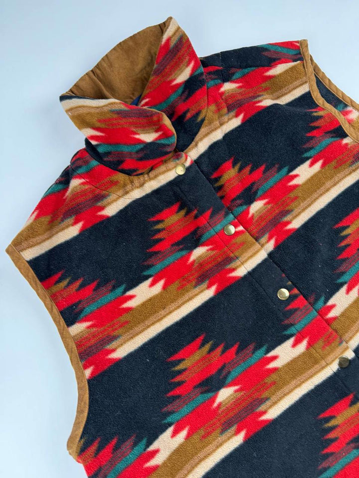 Vintage Patterned Fleece Vest with Snap Buttons