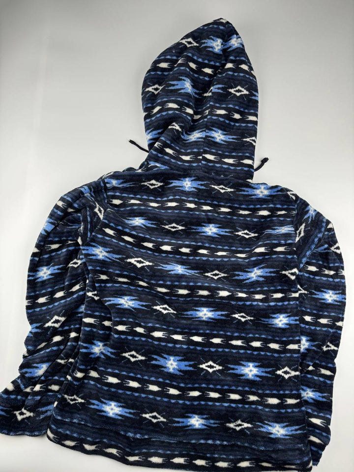 Vintage Blue Patterned Hooded Fleece Pullover Hoodie Size L