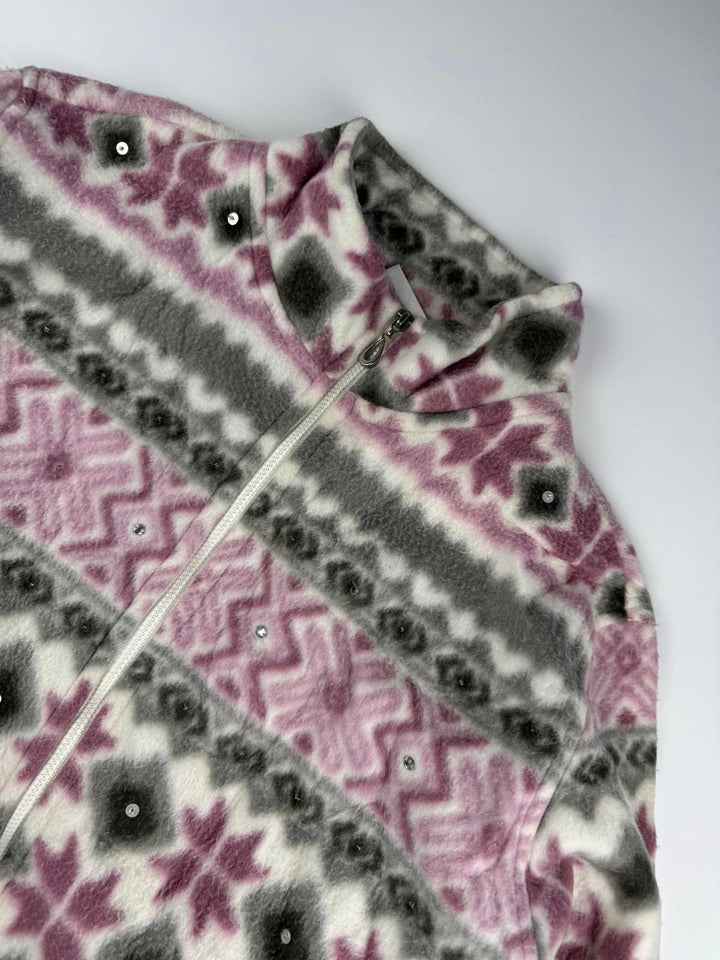 Vintage Women's Zip-Up Fleece Jacket with Pink and Gray Pattern