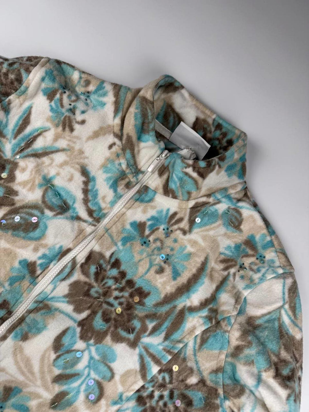 Vintage Floral Patterned Zip-Up Fleece Jacket with Sequins