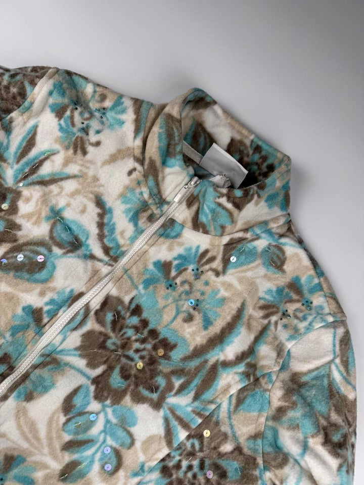 Vintage Floral Patterned Zip-Up Fleece Jacket with Sequins