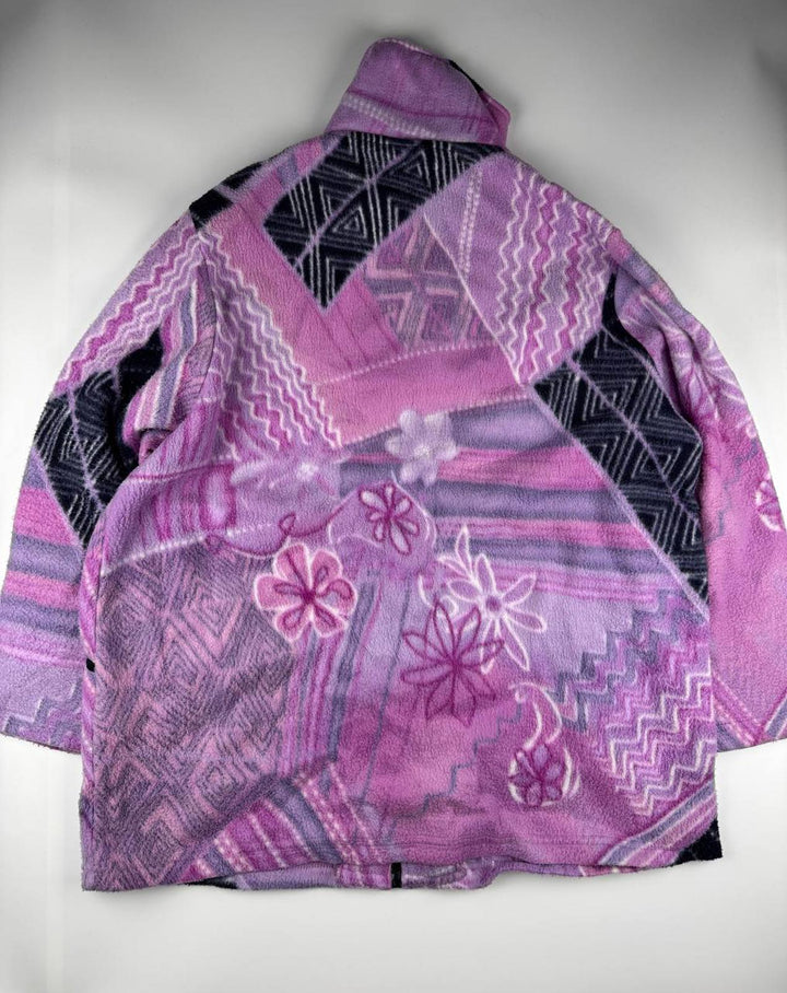 Vintage Patterned Fleece Zip-Up Jacket