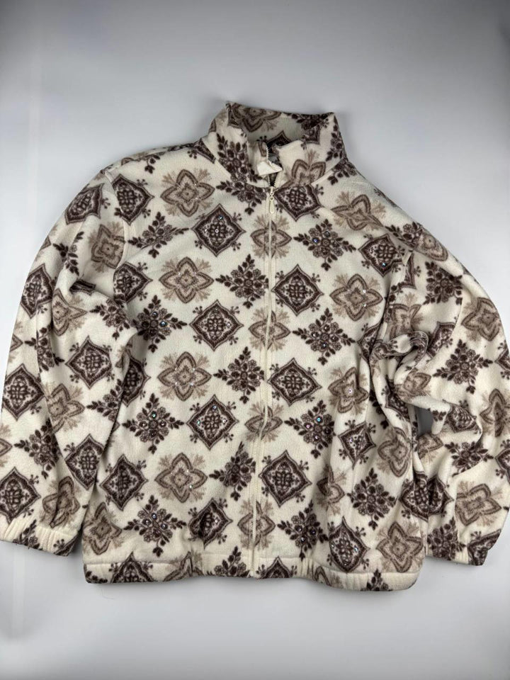 Vintage Women's Fleece Jacket with Brown Pattern and Rhinestone Accents