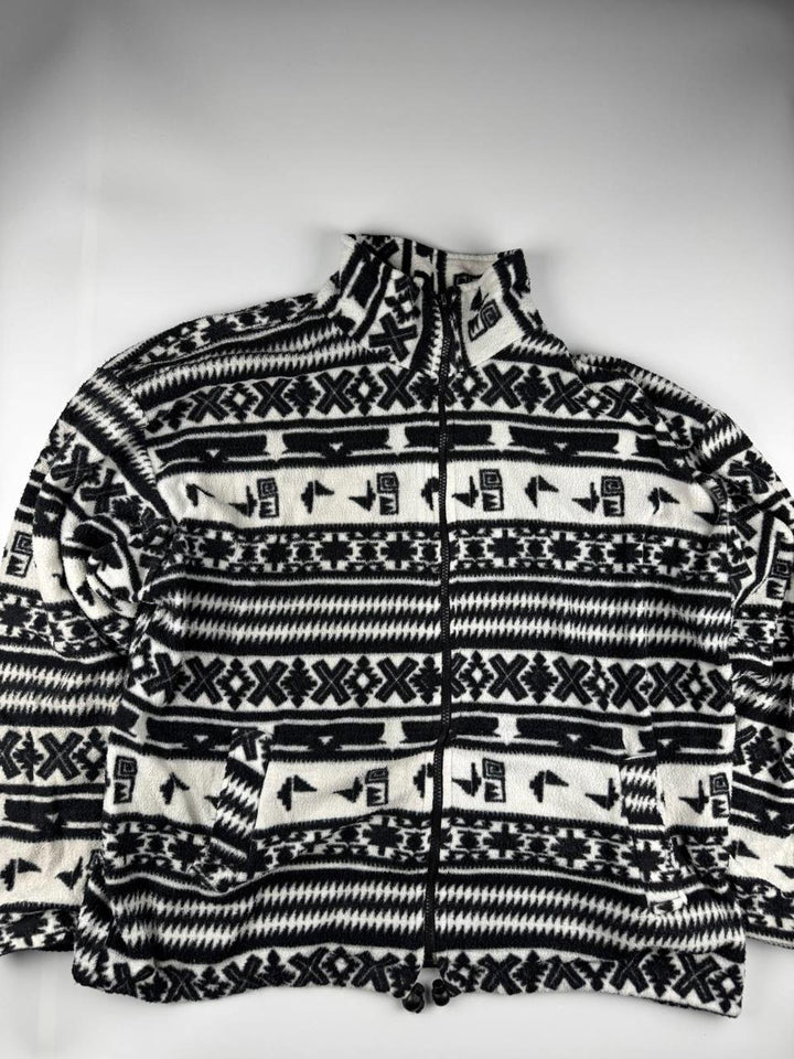 Vintage Men's Black and White Patterned Fleece Jacket