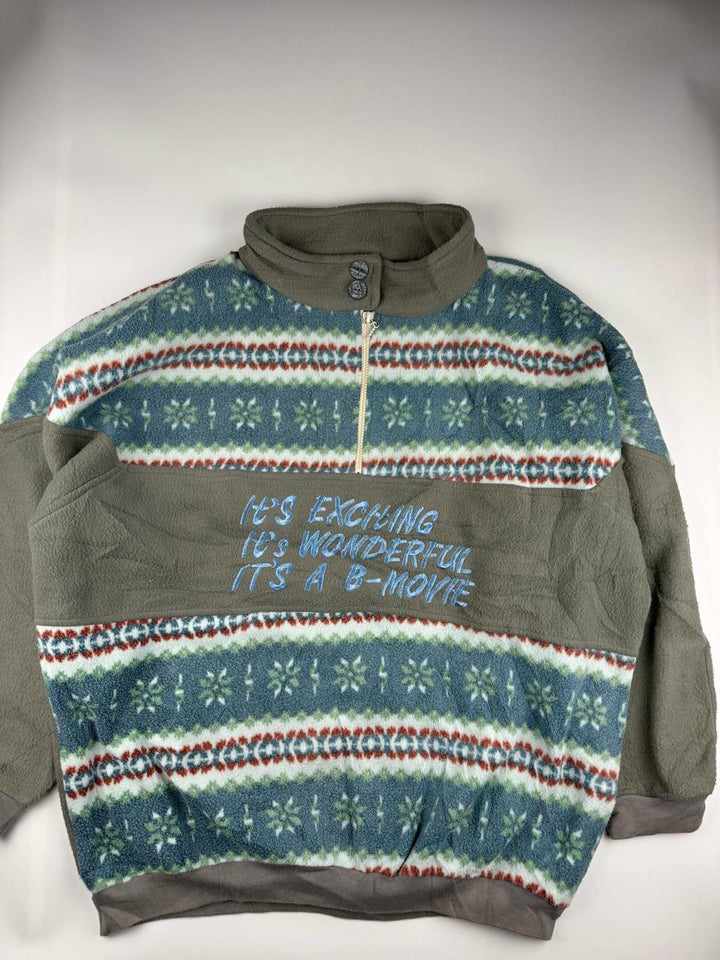 Vintage B Movie Fleece Jacket with Pattern and Embroidered Text