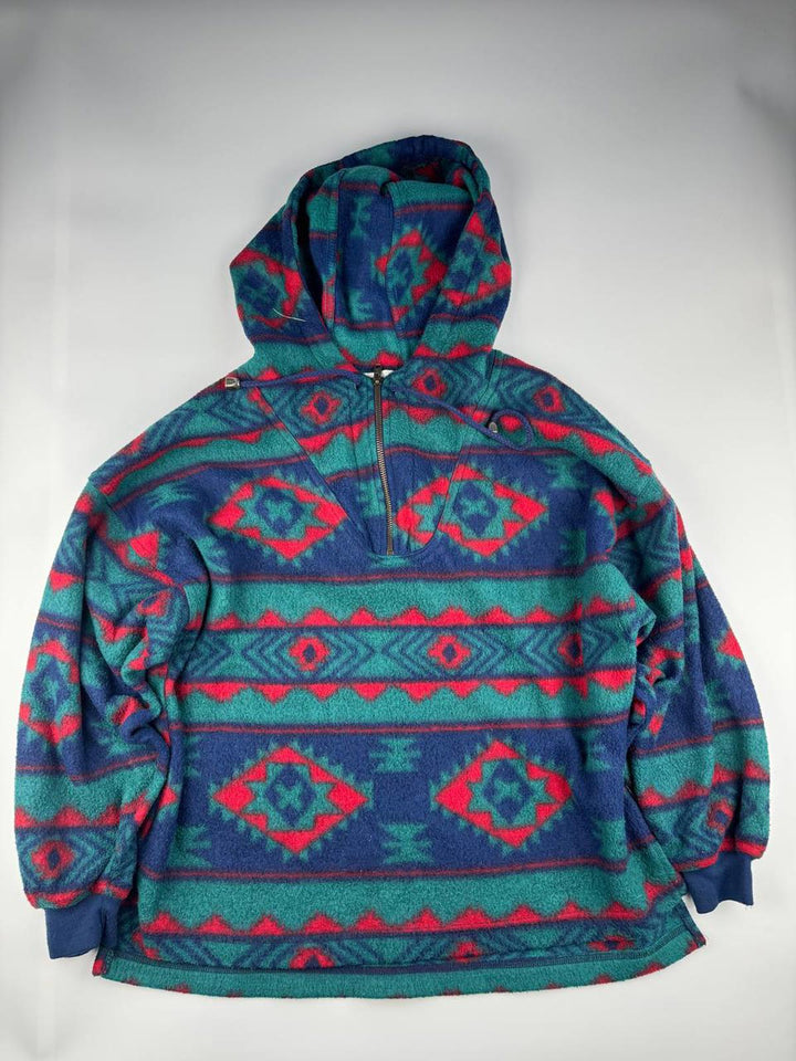 Vintage Hooded Fleece Pullover with Geometric Pattern