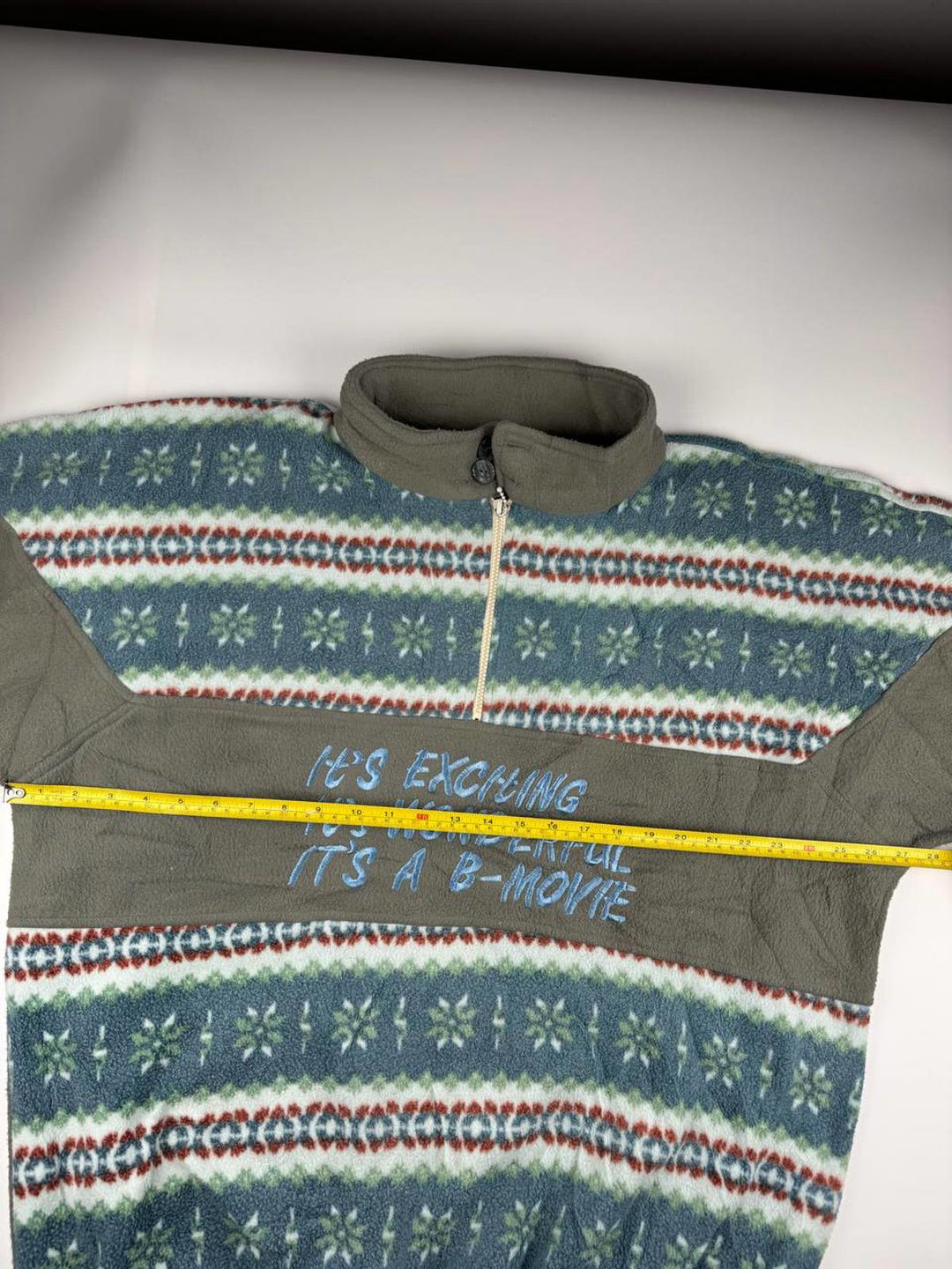 Vintage B Movie Fleece Jacket with Pattern and Embroidered Text