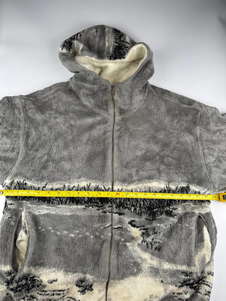 Vintage Gray and White Patterned Fleece Hooded Jacket
