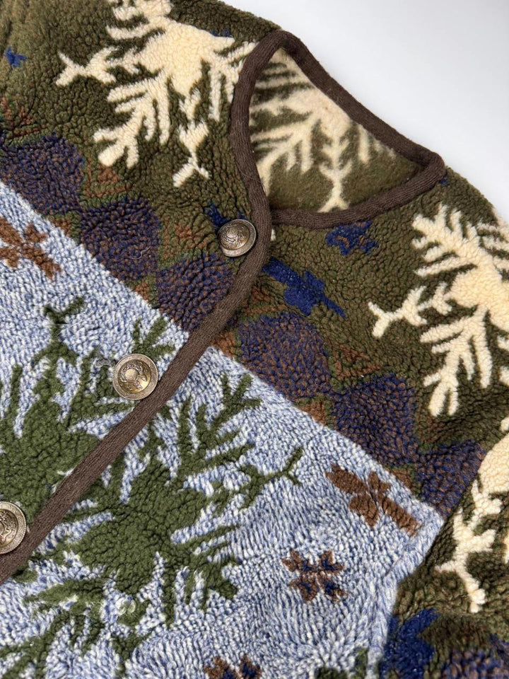 Vintage Button-Up Fleece Cardigan with Snowflake Pattern UK 14