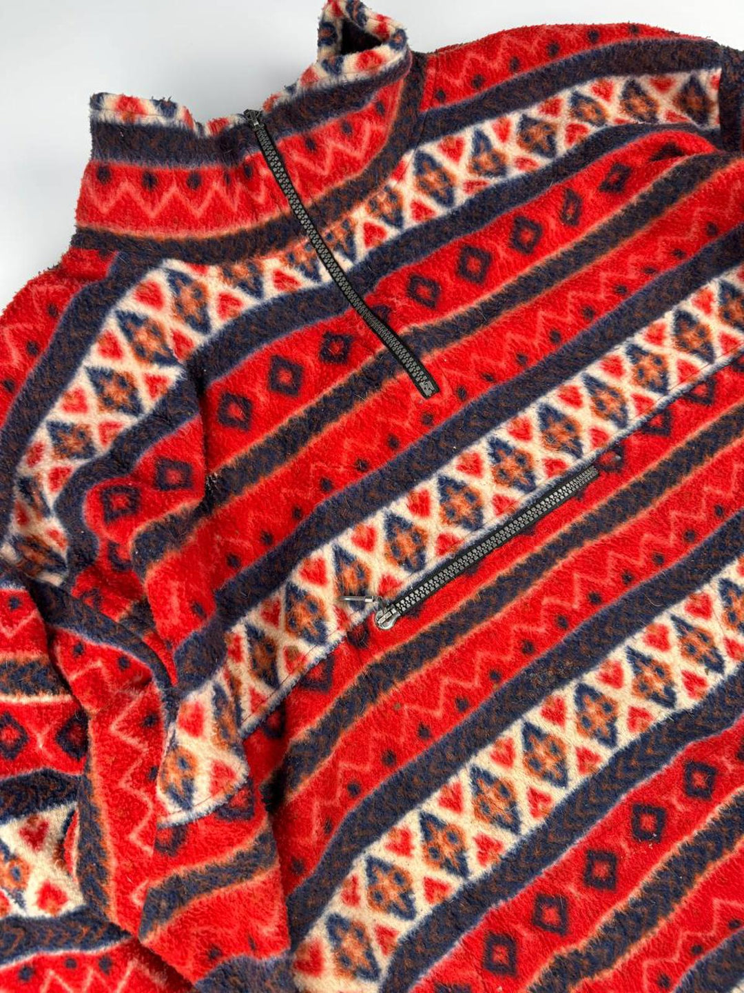 Vintage Red Patterned Fleece Jacket with Half-Zip and Front Pocket