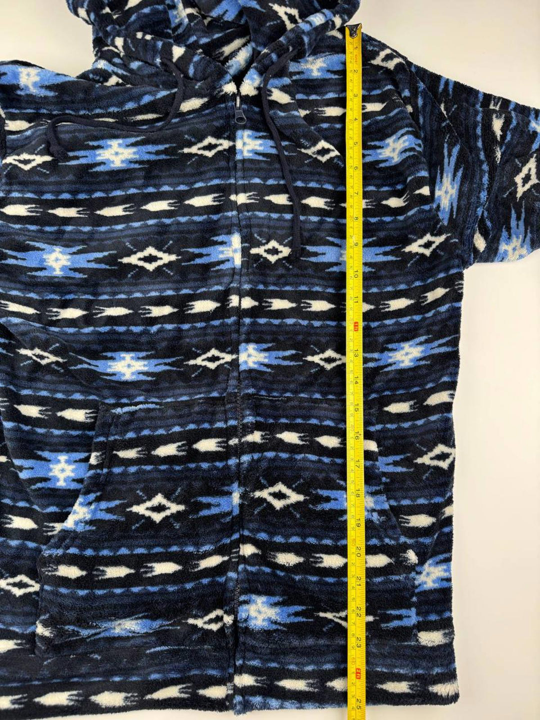 Vintage Blue Patterned Hooded Fleece Pullover Hoodie Size L