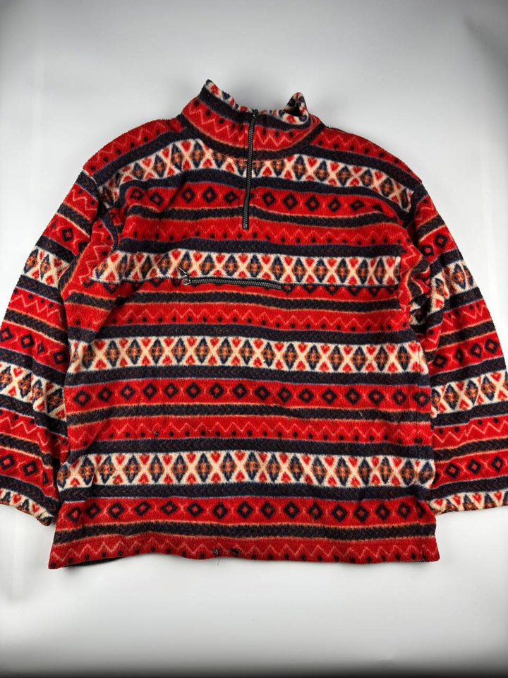 Vintage Red Patterned Fleece Jacket with Half-Zip and Front Pocket