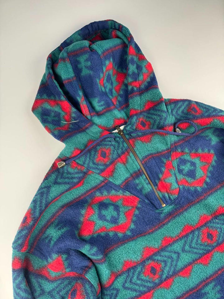 Vintage Hooded Fleece Pullover with Geometric Pattern