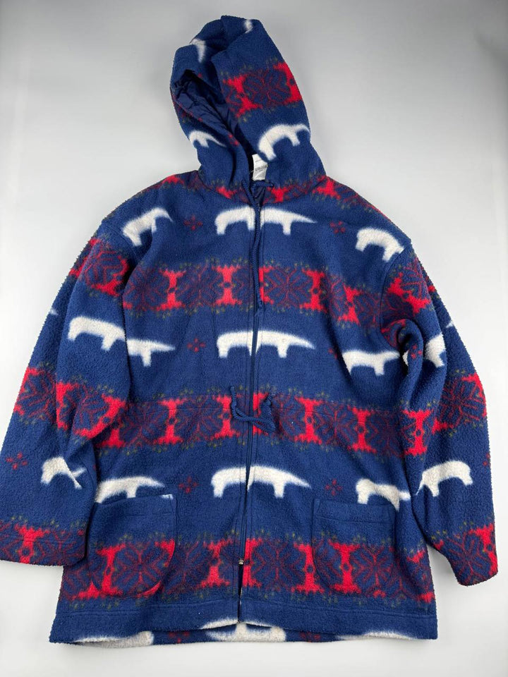 Vintage Blue and Red Patterned Fleece Jacket with Hood