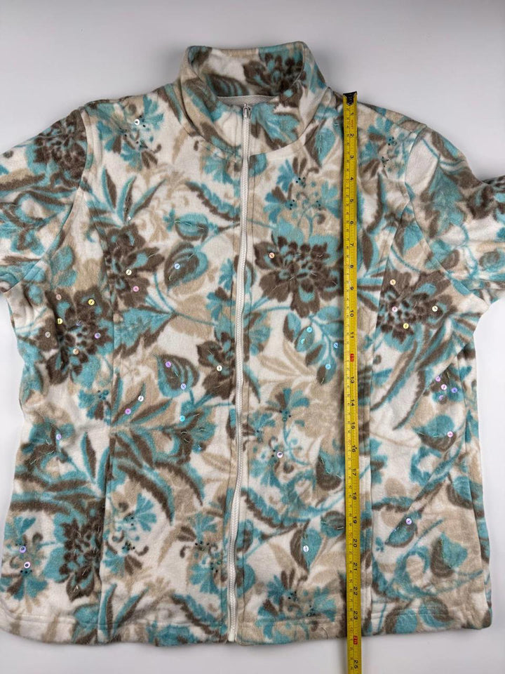 Vintage Floral Patterned Zip-Up Fleece Jacket with Sequins