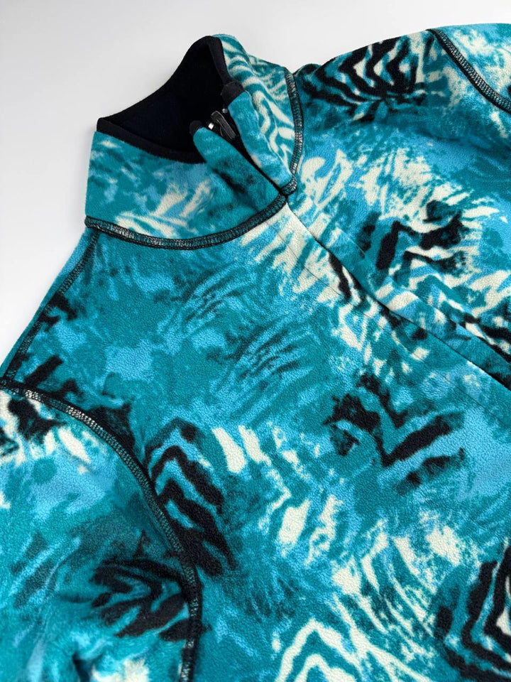 Vintage Blue Patterned Fleece Jacket with Zip-Up Collar