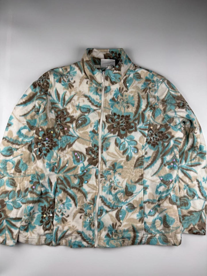 Vintage Floral Patterned Zip-Up Fleece Jacket with Sequins