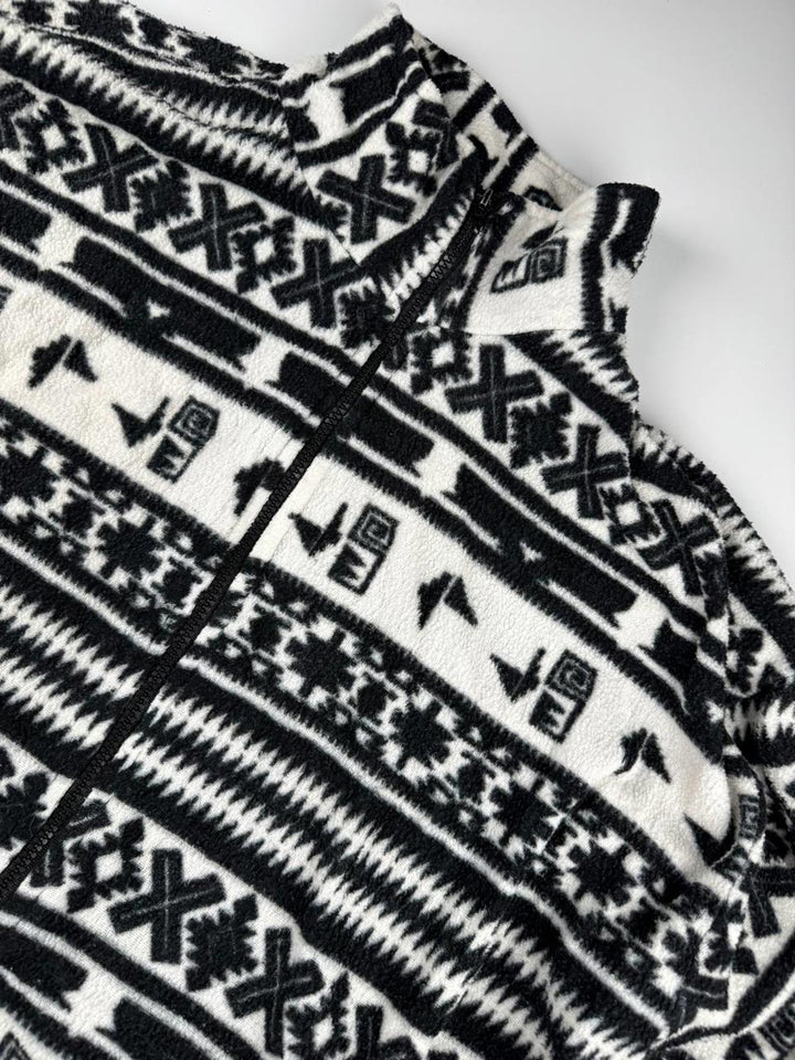 Vintage Men's Black and White Patterned Fleece Jacket
