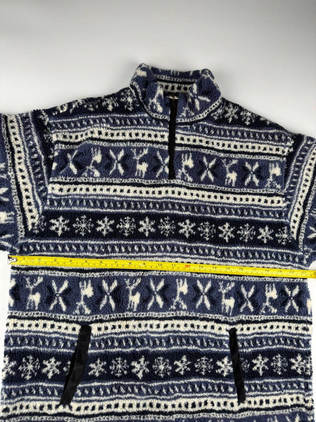 Vintage Navy and White Patterned Fleece Quarter-Zip Pullover Sweater