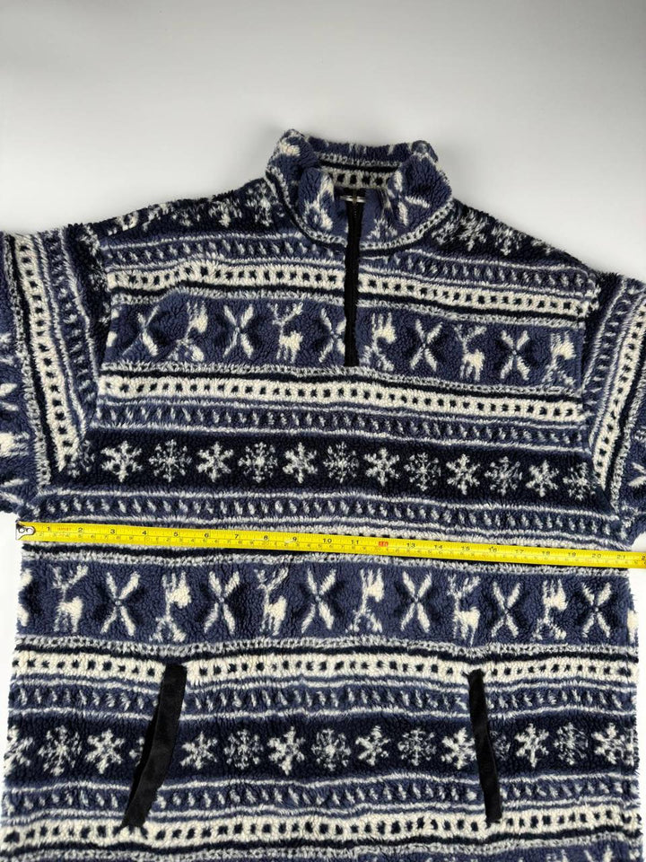 Vintage Navy and White Patterned Fleece Quarter-Zip Pullover Sweater