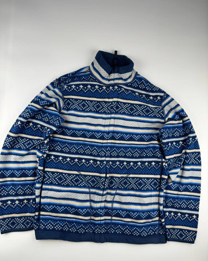 Vintage Blue and White Patterned Zip-Up Sweater Fleece
