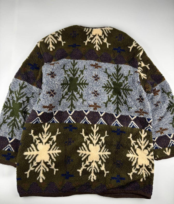 Vintage Button-Up Fleece Cardigan with Snowflake Pattern UK 14