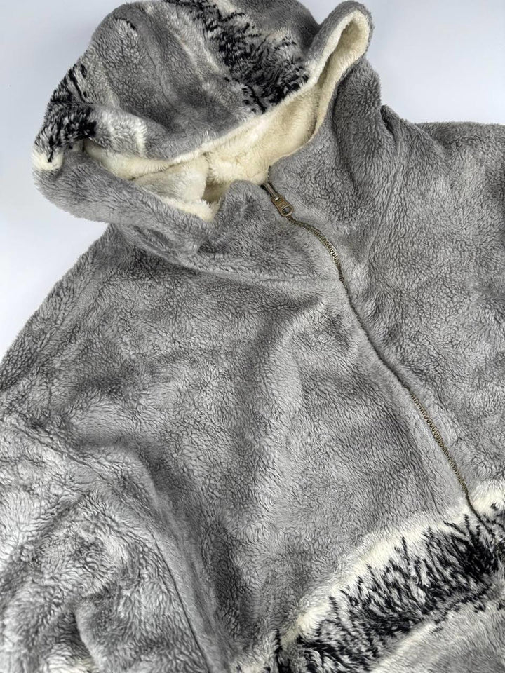 Vintage Gray and White Patterned Fleece Hooded Jacket