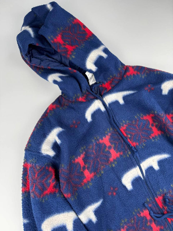 Vintage Blue and Red Patterned Fleece Jacket with Hood