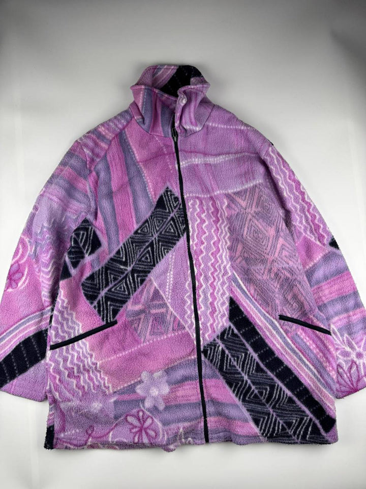 Vintage Patterned Fleece Zip-Up Jacket
